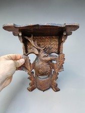 Antique  1920 black forest wood carving stag head antlers wall console bracket picture