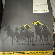 Vintage Litho USA Go Greyhound Travel Poster 1950s Kentucky Derby Horses picture