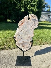 Pink Amethyst Slab on Stand Brazil 13in Druzy Crystal Geometric Patterns Rutiles picture