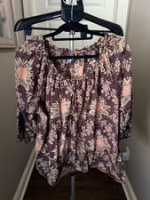 IZOD Women’s 2X Plus Floral V-Neck Ruffle Pullover Blouse 3/4 Sleeve Brown picture