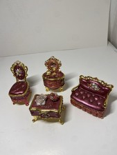 Pink Enamel Victorian Furniture Trinket Box Set Of 4 Small Floral Crystal Decor picture