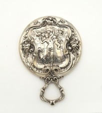 Antique Art Nouveau Sterling Silver Hand Mirror Repousse Cherubs Maiden Floral picture