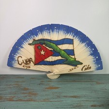 Vintage Cuban Folding Hand Fan Hand Painted Cuba Flag Wooden Engraved Souvenir picture