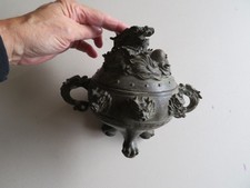 OLD CHINESE ELABORATE BRONZE DRAGON THEMED CENSER OR INCENSE BURNER ON 3 FEET picture