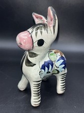 Tonala Mexican Folk Art Pottery Donkey Hand Painted Blue Base Flowers  picture