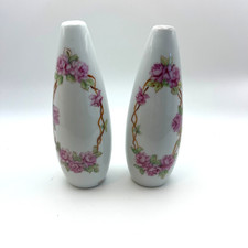 Vintage Pair Porcelain Bud Vases Pink Roses Gold Floral Hand Painted Mid Century picture