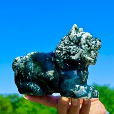 2.48LB Natural Moss Agate Hand Carved Dog Crystal Gem Quartz Decor Healing picture