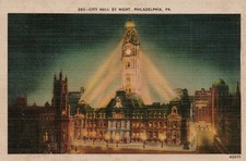 Phila City Hall by Night Linen Postcard Curteich Vintage 1930s-40s picture