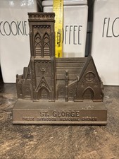 RARE vintage - ST GEORGE Greek Orthodox CHURCH - bronze BOOKEND- architectural picture