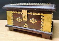 Antique Wooden Trinket Box With Brass Accents & Ornate Detailing 7.5