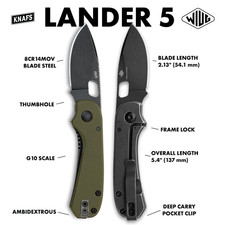 KNAFS Lander 5 Pocket Knife OD Green G10 Black Stonewash Frame Lock 00325 picture