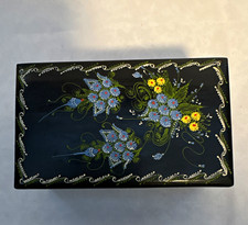 Vintage Hand Painted Black Lacquer Trinket Box Floral Wood Hinged 5” Folk Art picture