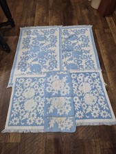 Vintage 70s Fieldcrest Sculpted  Towel Set Blue Floral Fringe MCM 9 Pc Fringe picture