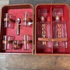 Vintage Genuine Cowhide Leather Travel Bar Set Scotch Vodka Decanters Glasses picture