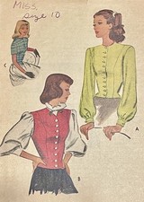 40’s McCall 6612 1946 Sewing Pattern Women’s Fit Top Weskit Bishop Slv B30 picture