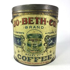 Rare Antique Jo-Beth-Co Coffee Tin 4lb Advertising Lg Pail Bethard Peoria ILL picture