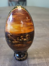 Vintage Hand Painted Black Lacquer Wooden Egg With Stand Signed 1998 Oxen Carts  picture