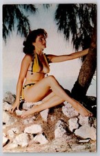 Bathing Beauty Sexy Brunette In PomPom Bikini On Rocks Seaside Postcard T17 picture