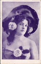 1908 Vintage Postcard Beautiful Woman Large Hat Pearl Necklace Roses E.C.A. picture