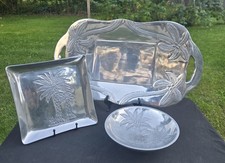 Vintage Set of 3 Heavy Cast Aluminum Traysand Bowl Palm Tree Etched Design picture