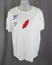 Akris Women's White Cotton Embroidered Eyes Lips Short Sleeve T Shirt Top Size 8 picture