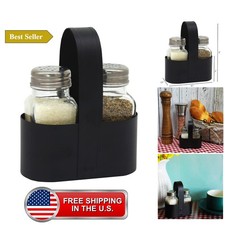 Salt and Pepper Shakers Set with Black Galvanized Caddy, Rustic Farmhouse Gla... picture