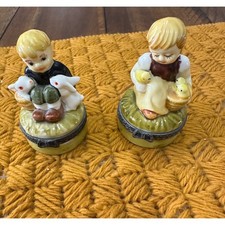 Vintage Porcelain Hinged Trinket Box Set Boy with Rabbits Girl with Chicks 2pc picture