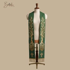 Green Celtic Tree of Life Priest Stole Cross Embroidered Clergy Vestment picture