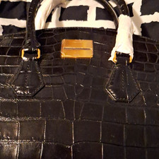 Bally Black Crocodile Pattern Medium Top Handle Satchel, Clasp, Gold Hardware picture