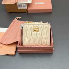 Miu Miu 5MV017 Cream Matelasse Leather Bifold Wallet Gold Logo Zip Coin Purse picture