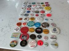60 Pc 1960s -90s Vintage Mixed Buttons Pins Pinbacks Seagram’s Pfizer OLYMPUS picture