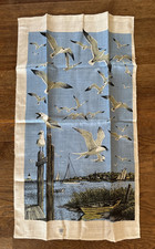 Vintage NOS Kay Dee Linen Tea Kitchen Towel - Sea Gulls Sail Boats Harbor Scene picture