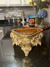 Vintage Hollywood Regency Gold Ormolu Filigree 4-Pc Vanity Set Amber Glass picture
