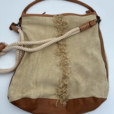 Free People Wilhelmina Bucket Bag Canvas Leather Rope Strap Boho Beige Fringe picture