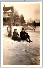Vtg B&W Snapshot Two Women Sitting Winter Snow House Breeches Boots Cloche Hat picture