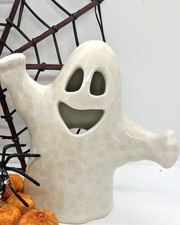 Polish Pottery Scary Friendly Ghost Lantern Figurine White Lace Halloween picture