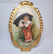 Antique Limoges Hand-Painted Wall Porcelain Plaque Girl Holding Dog 13.5x9.25