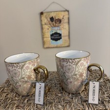 NWT~Morris & Co. Wilhemina Pink & Green Set Of 2 Premium Porcelain Coffee Mugs. picture