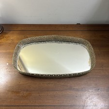 Vintage Filigree Thistle Silver Tone Oval Mirrored Vanity Tray Trinket Display picture
