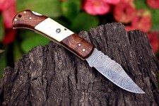 Handmade Damascus Steel Folding Pocket Knife Back Lock With Leather Sheath picture