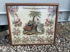 Antique 1860 Victorian Needlework Sampler Tapestry Jane Waddington Framed Folk picture