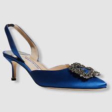$1125 Manolo Blahnik Women's Blue Hangisi Slingback Pump Heels Shoe 38 EU/8 US picture