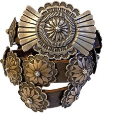 1940s completely Hand Tooled Navajo Coin Silver Concho Belt  picture