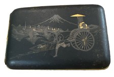 Vintage Japanese Damascene Cigarette Case 24K Gold Inlay Rickshaw Mount Fuji picture