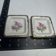 2 Fern Hand Painted Trinket Dish Floral Gold Trim Ceramic 3”x3” VTG 1940’s, 50’s picture