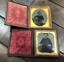 Two Tintypes Photo In Cases Man & Boy 1860s picture