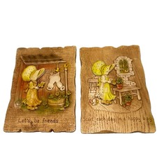 Vintage 1970s Holly Hobbie Molded Plastic Wall Plaques Set of 2 Country Cottage  picture
