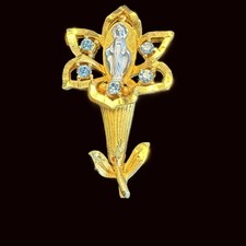Vintage Our Lady Religious Brooch Gold‑Tone Lily Flower Pin with Blue Rhinestone picture