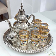 Moroccan Tea Set Silver Teapot, 6 Gold Tea Glasses, Engraved Tray & Sugar Holder picture