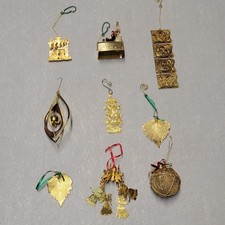 Vintage Gold Tone Brass Metal Christmas Holiday Ornaments Lot of 9 picture
